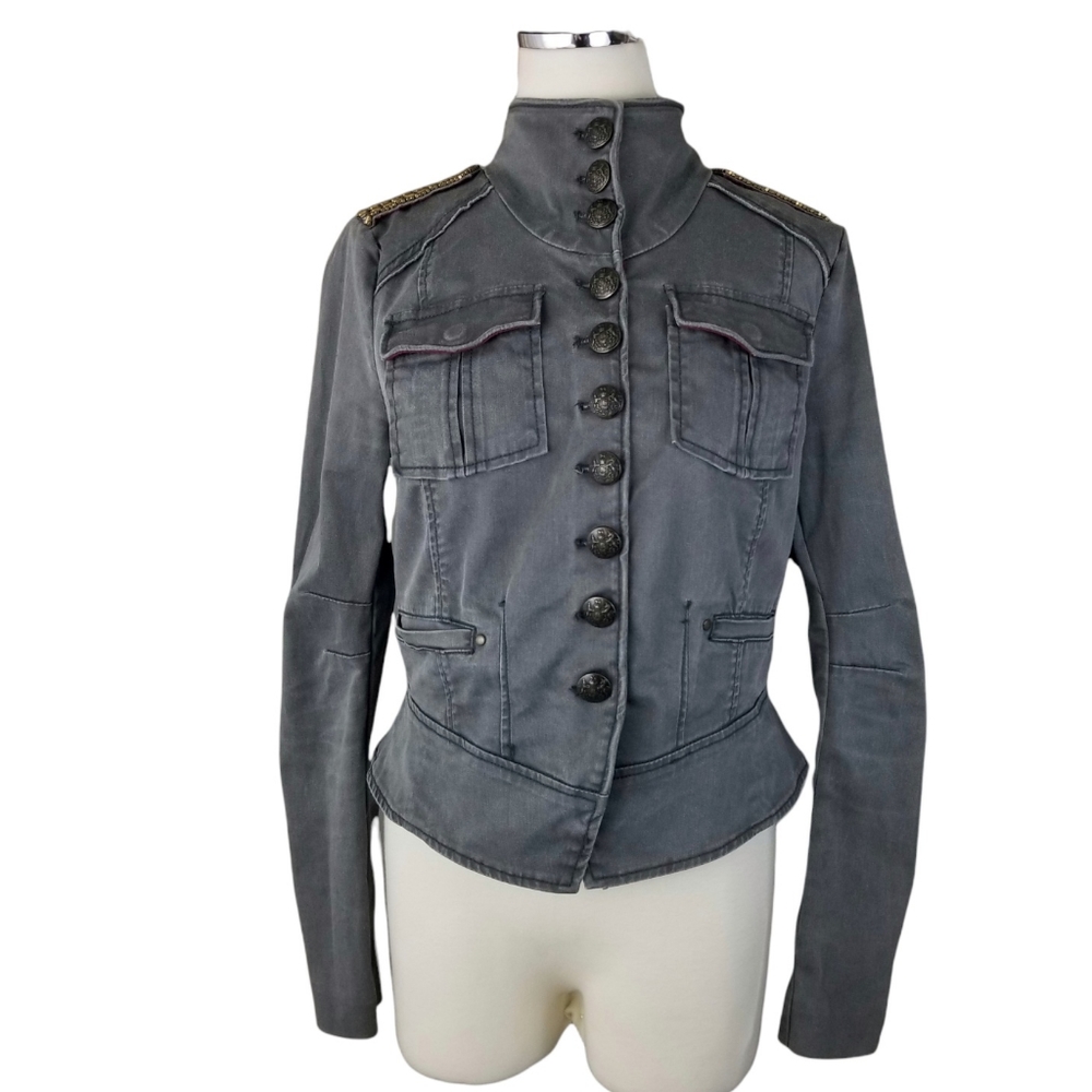 Free People Gray Military Jacket Small Beaded Shoulder Ornamental Button Fitted